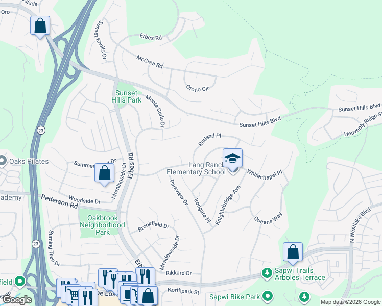 map of restaurants, bars, coffee shops, grocery stores, and more near 2252 Rutland Place in Thousand Oaks