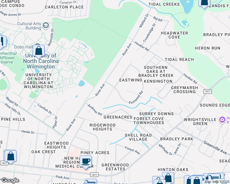 map of restaurants, bars, coffee shops, grocery stores, and more near 5402 Eastwind Road in Wilmington