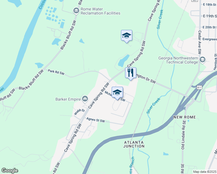map of restaurants, bars, coffee shops, grocery stores, and more near 1207 Cave Spring Road Southwest in Rome