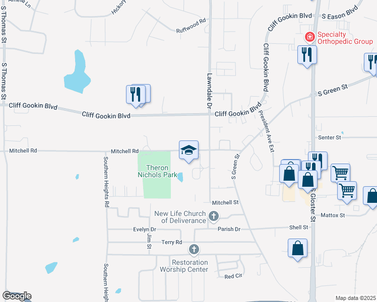 map of restaurants, bars, coffee shops, grocery stores, and more near 1459-1999 Mitchell Road in Tupelo