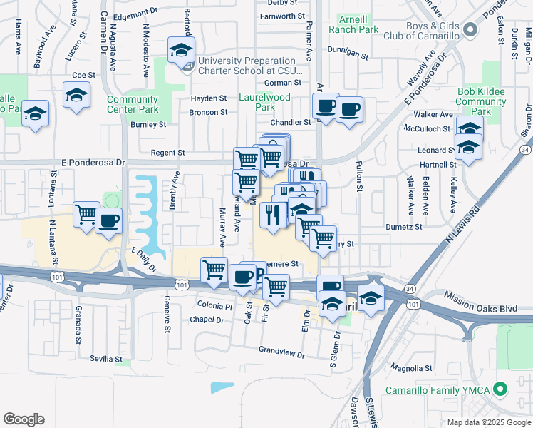 map of restaurants, bars, coffee shops, grocery stores, and more near Unnamed Road in Camarillo
