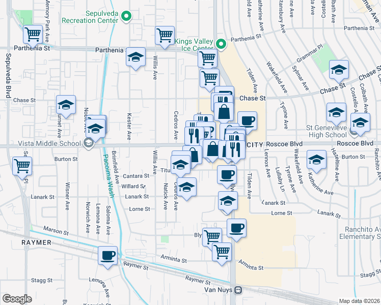 map of restaurants, bars, coffee shops, grocery stores, and more near 14650 Roscoe Boulevard in Los Angeles
