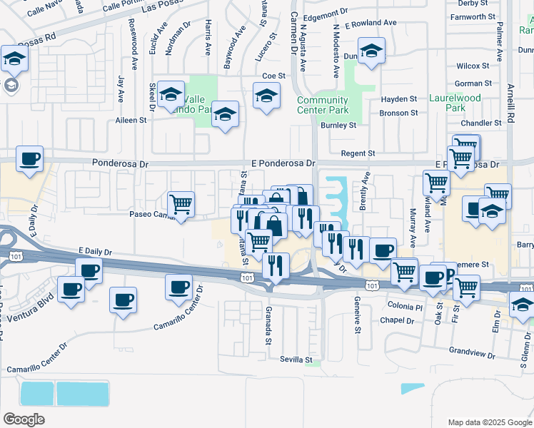 map of restaurants, bars, coffee shops, grocery stores, and more near 1233 Paseo Camarillo in Camarillo