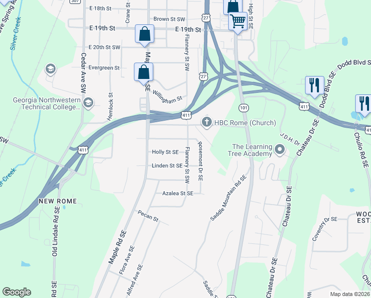 map of restaurants, bars, coffee shops, grocery stores, and more near 133 Holly Street Southeast in Rome