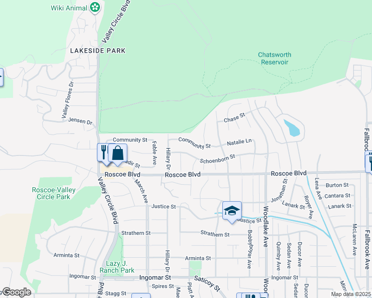 map of restaurants, bars, coffee shops, grocery stores, and more near 23513 Schoenborn Street in Los Angeles