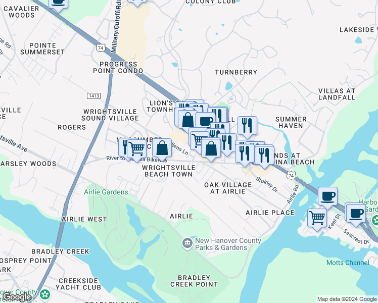 map of restaurants, bars, coffee shops, grocery stores, and more near 1705 Tearthumb Court in Wilmington