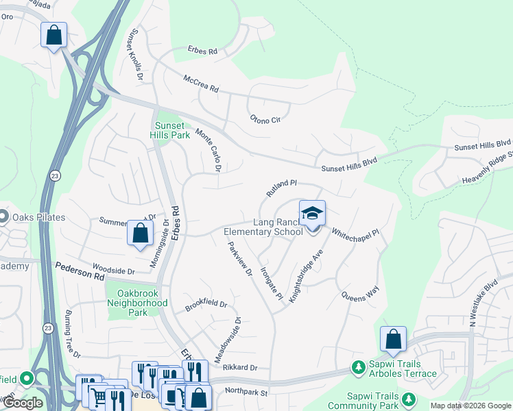 map of restaurants, bars, coffee shops, grocery stores, and more near 2252 Rutland Place in Thousand Oaks