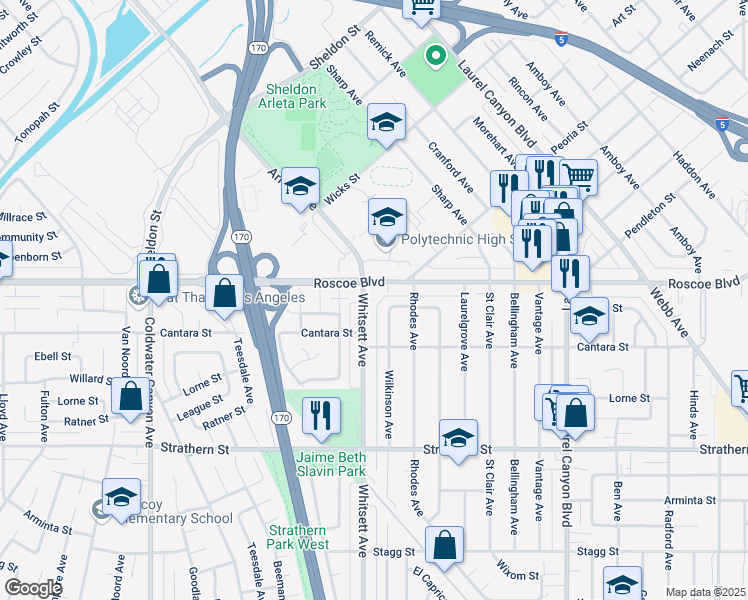 map of restaurants, bars, coffee shops, grocery stores, and more near 8241 Whitsett Avenue in Los Angeles