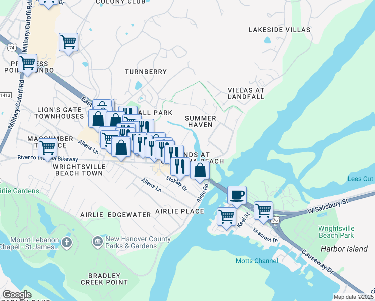 map of restaurants, bars, coffee shops, grocery stores, and more near 7215 Wrightsville Avenue in Wilmington