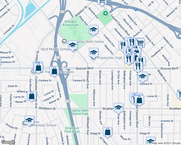 map of restaurants, bars, coffee shops, grocery stores, and more near 8240 Whitsett Avenue in North Hollywood