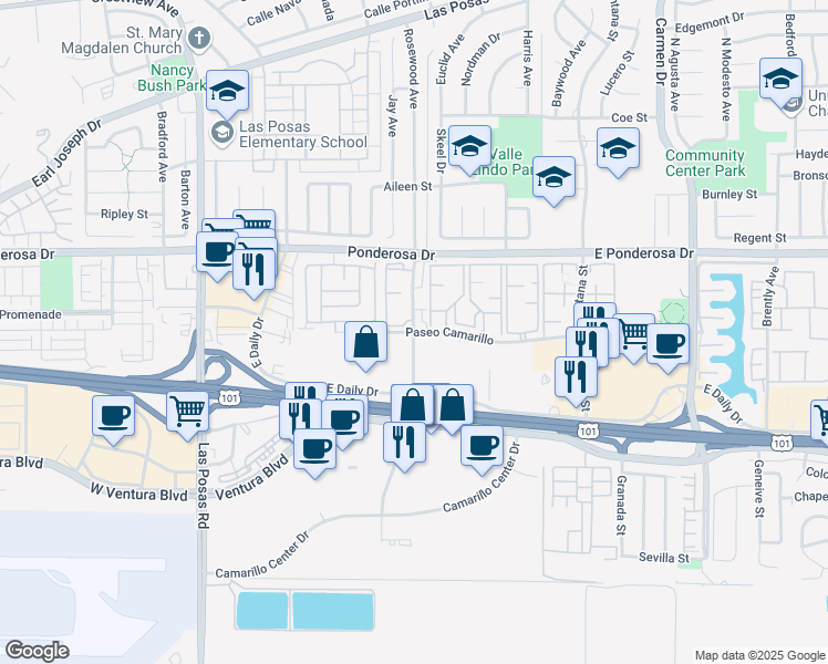 map of restaurants, bars, coffee shops, grocery stores, and more near Paseo Camarillo & Rosewood Ave in Camarillo