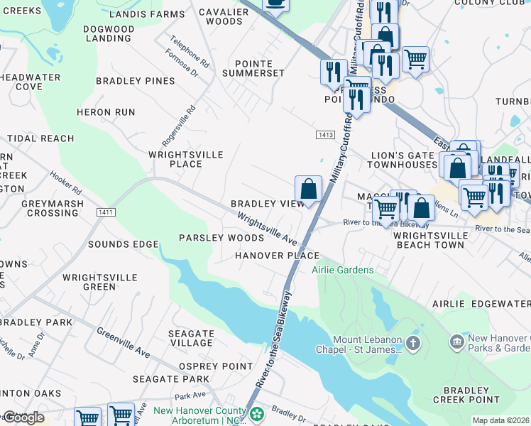 map of restaurants, bars, coffee shops, grocery stores, and more near 6279 Wrightsville Avenue in Wilmington