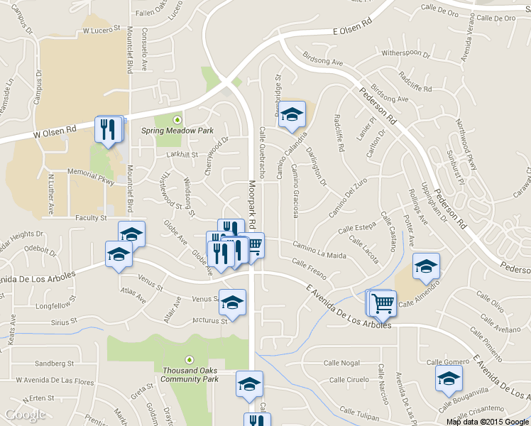 map of restaurants, bars, coffee shops, grocery stores, and more near 2962 Calle Quebracho in Thousand Oaks