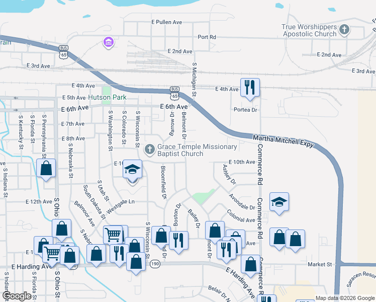 map of restaurants, bars, coffee shops, grocery stores, and more near 903 Belmont Drive in Pine Bluff
