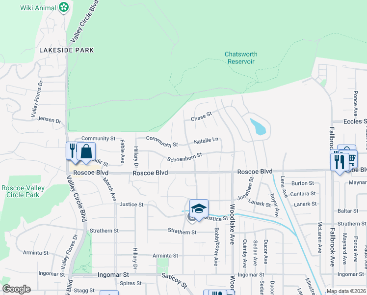 map of restaurants, bars, coffee shops, grocery stores, and more near 23408 Community Street in Los Angeles