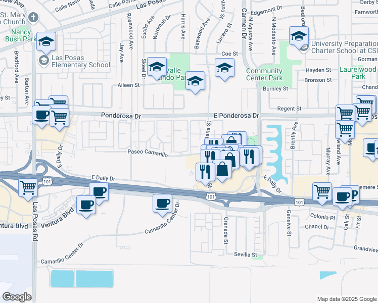 map of restaurants, bars, coffee shops, grocery stores, and more near 923 Paseo Camarillo in Camarillo
