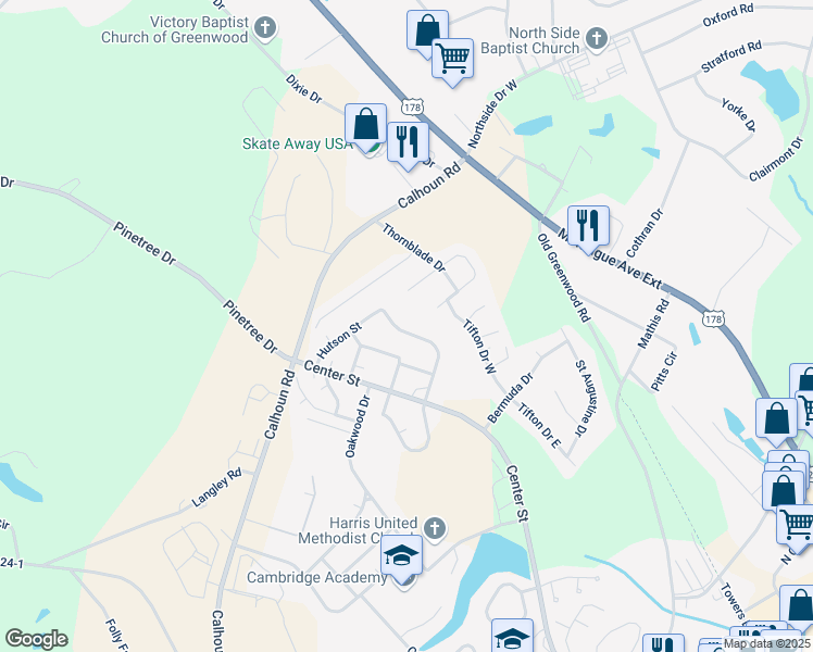 map of restaurants, bars, coffee shops, grocery stores, and more near 218 Woodlawn Street in Greenwood