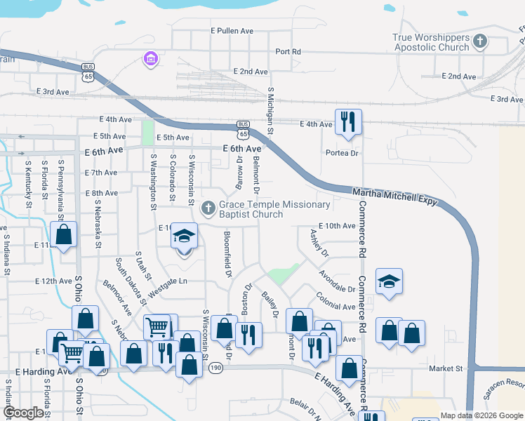 map of restaurants, bars, coffee shops, grocery stores, and more near 903 Belmont Drive in Pine Bluff