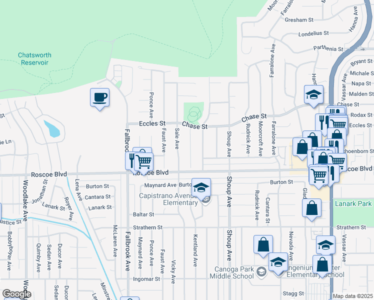 map of restaurants, bars, coffee shops, grocery stores, and more near 8351 Kentland Avenue in Los Angeles