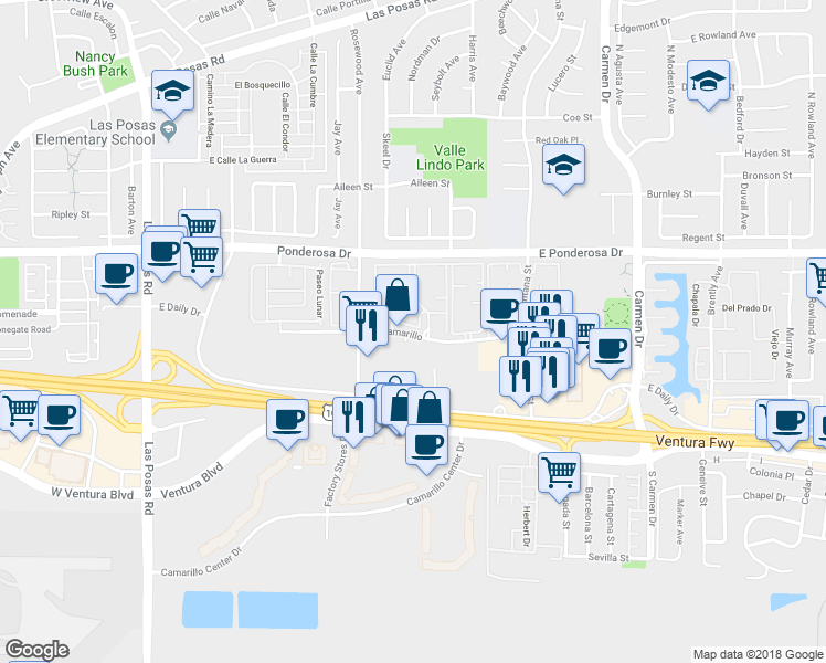 map of restaurants, bars, coffee shops, grocery stores, and more near 683 Paseo Camarillo in Camarillo