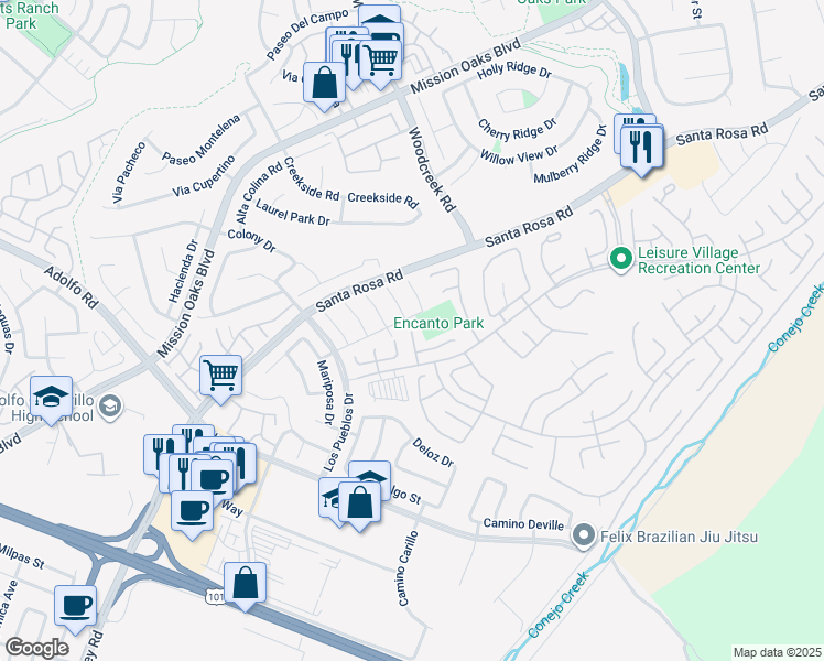 map of restaurants, bars, coffee shops, grocery stores, and more near 3535 Village 3 in Camarillo