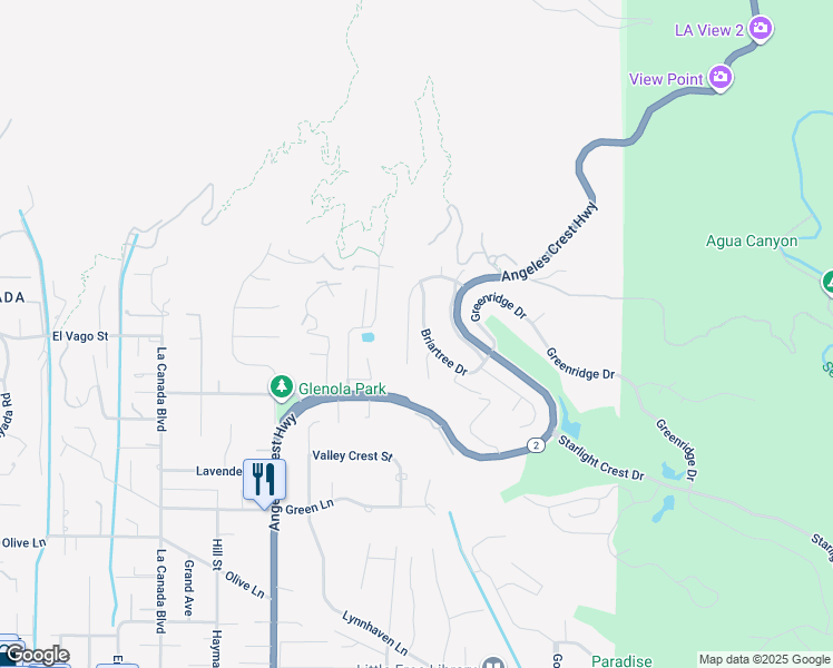 map of restaurants, bars, coffee shops, grocery stores, and more near 5805 Briartree Drive in La Cañada Flintridge