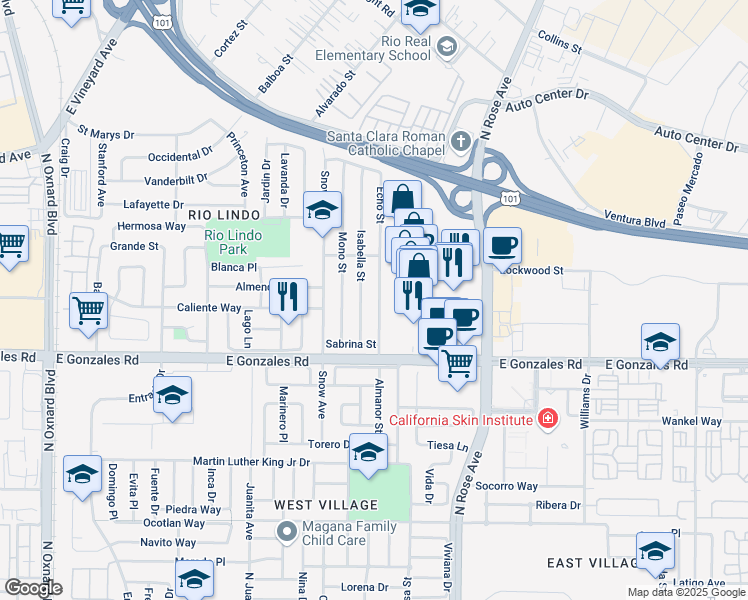 map of restaurants, bars, coffee shops, grocery stores, and more near 2001 Almanor Street in Oxnard