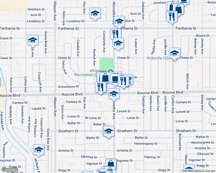map of restaurants, bars, coffee shops, grocery stores, and more near 20111 Roscoe Boulevard in Los Angeles