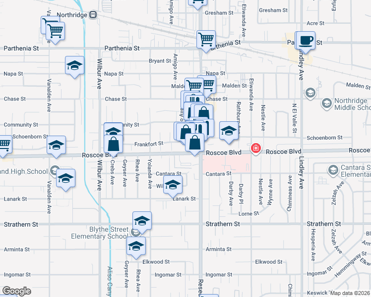 map of restaurants, bars, coffee shops, grocery stores, and more near 18537 Roscoe Boulevard in Los Angeles