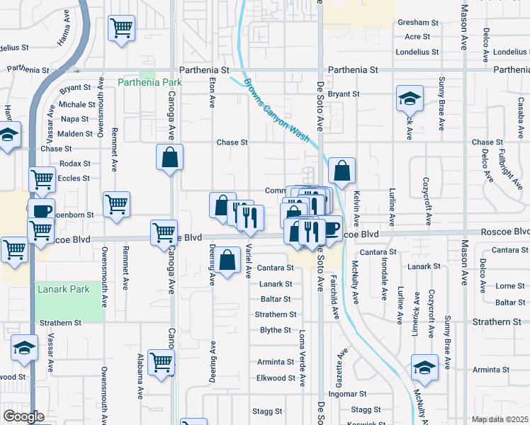 map of restaurants, bars, coffee shops, grocery stores, and more near 21032 Schoenborn Street in Los Angeles