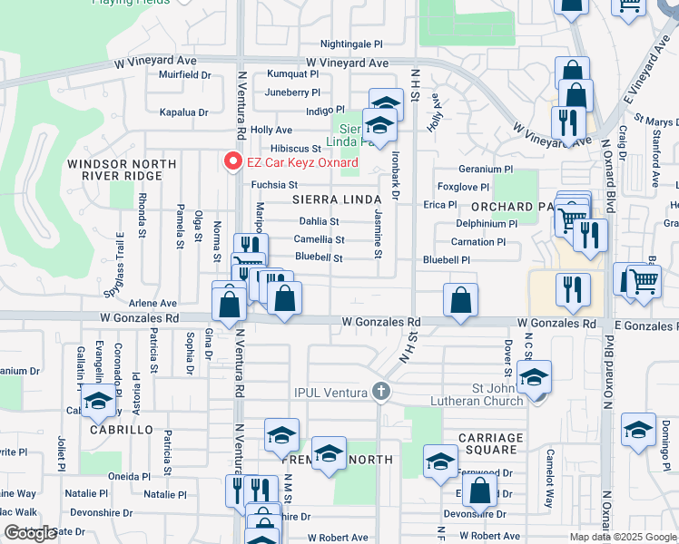 map of restaurants, bars, coffee shops, grocery stores, and more near 1131 Azalea Street in Oxnard