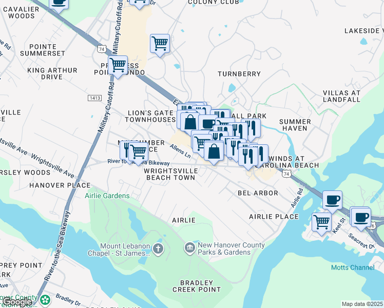 map of restaurants, bars, coffee shops, grocery stores, and more near 1707 Tearthumb Court in Wilmington