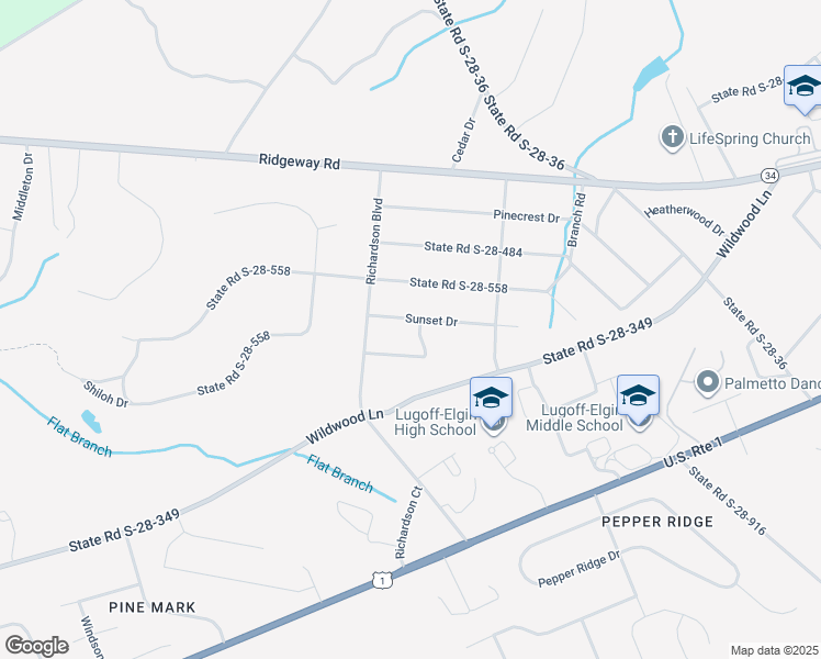 map of restaurants, bars, coffee shops, grocery stores, and more near 1297 Sunset Drive in Lugoff