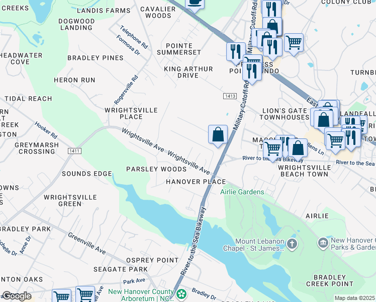 map of restaurants, bars, coffee shops, grocery stores, and more near 6279 Wrightsville Avenue in Wilmington