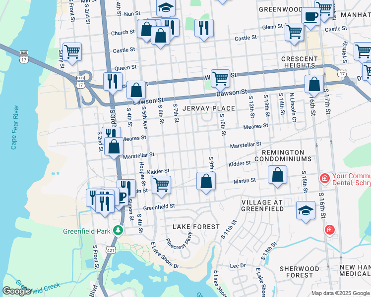 map of restaurants, bars, coffee shops, grocery stores, and more near 705 Marstellar Street in Wilmington