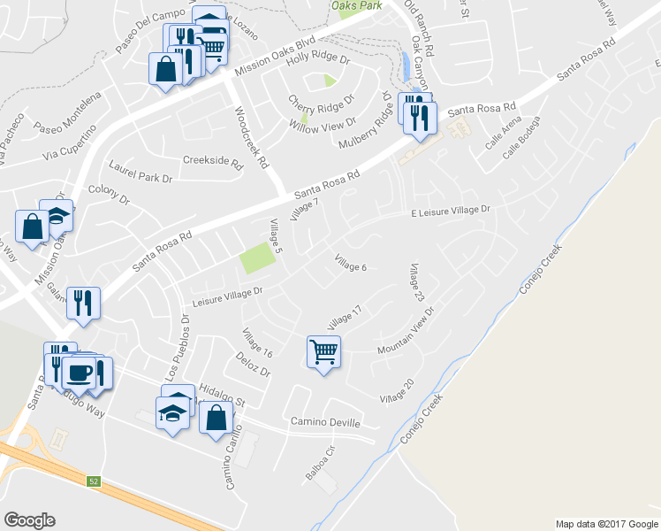 map of restaurants, bars, coffee shops, grocery stores, and more near 6310 Village 6 in Camarillo