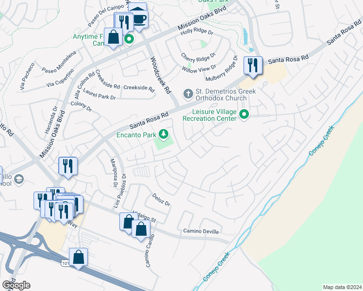 map of restaurants, bars, coffee shops, grocery stores, and more near 5106 Village 5 in Camarillo
