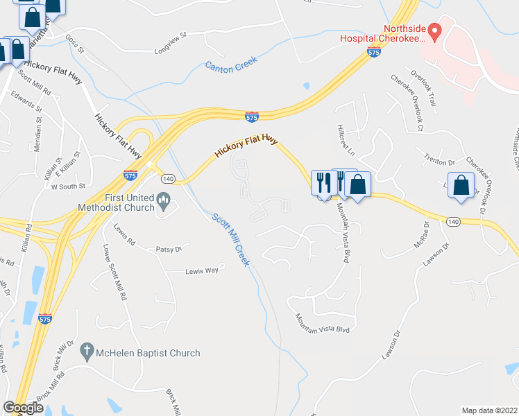 map of restaurants, bars, coffee shops, grocery stores, and more near 5302 Walden Crossing Drive in Acworth