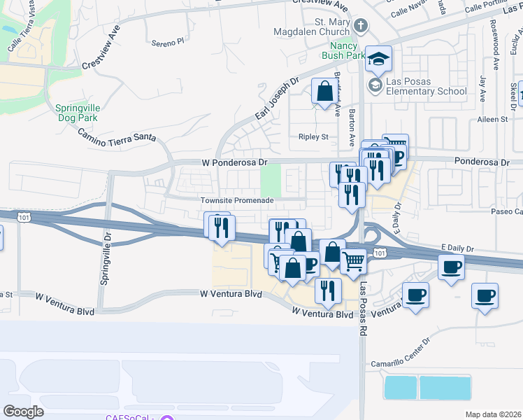 map of restaurants, bars, coffee shops, grocery stores, and more near Stonegate Road in Camarillo