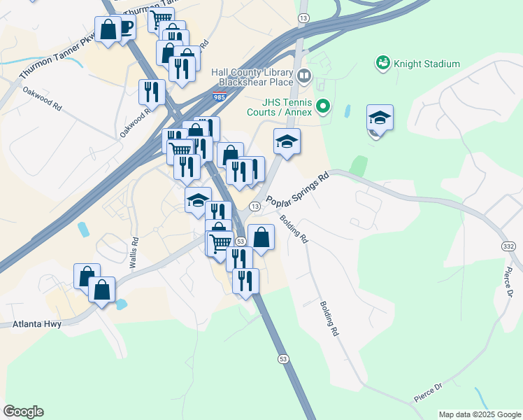 map of restaurants, bars, coffee shops, grocery stores, and more near 3305 Poplar Springs Road in Gainesville