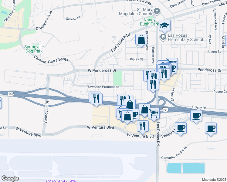 map of restaurants, bars, coffee shops, grocery stores, and more near Stonegate Road in Camarillo