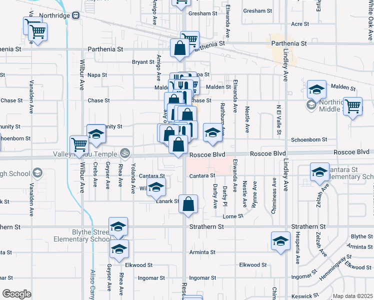 map of restaurants, bars, coffee shops, grocery stores, and more near 8304 Reseda Boulevard in Los Angeles