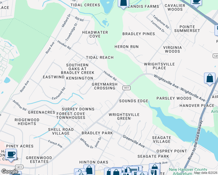 map of restaurants, bars, coffee shops, grocery stores, and more near 1406 Old Lamplighter Way in Wilmington