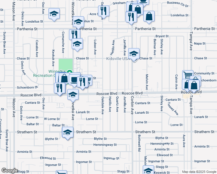 map of restaurants, bars, coffee shops, grocery stores, and more near 8329 Hatillo Avenue in Los Angeles