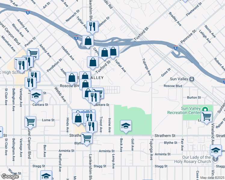 map of restaurants, bars, coffee shops, grocery stores, and more near 8250 Lankershim Boulevard in Los Angeles