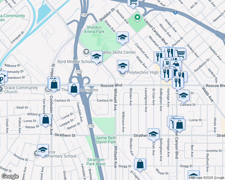 map of restaurants, bars, coffee shops, grocery stores, and more near 8241 Whitsett Avenue in Los Angeles
