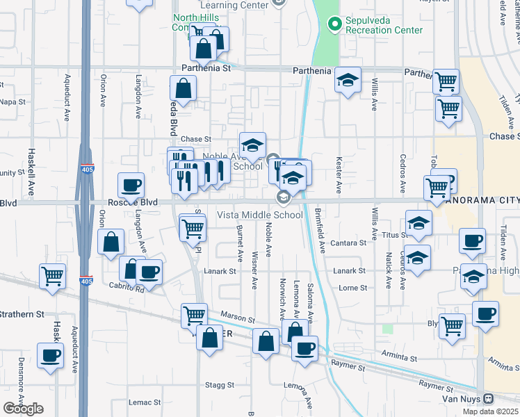 map of restaurants, bars, coffee shops, grocery stores, and more near 15132 Roscoe Boulevard in Los Angeles