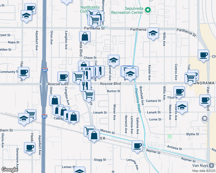 map of restaurants, bars, coffee shops, grocery stores, and more near 8249 Burnet Avenue in Los Angeles
