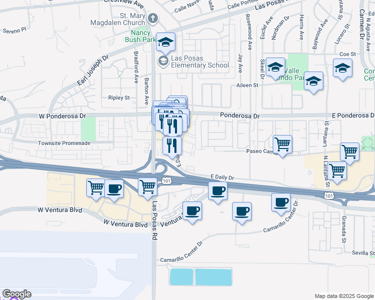 map of restaurants, bars, coffee shops, grocery stores, and more near 450 East Daily Drive in Camarillo