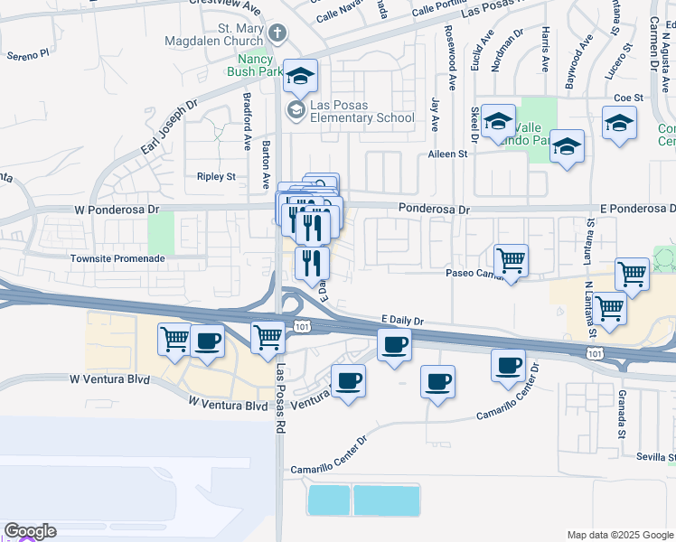 map of restaurants, bars, coffee shops, grocery stores, and more near 530 Calle La Roda in Camarillo